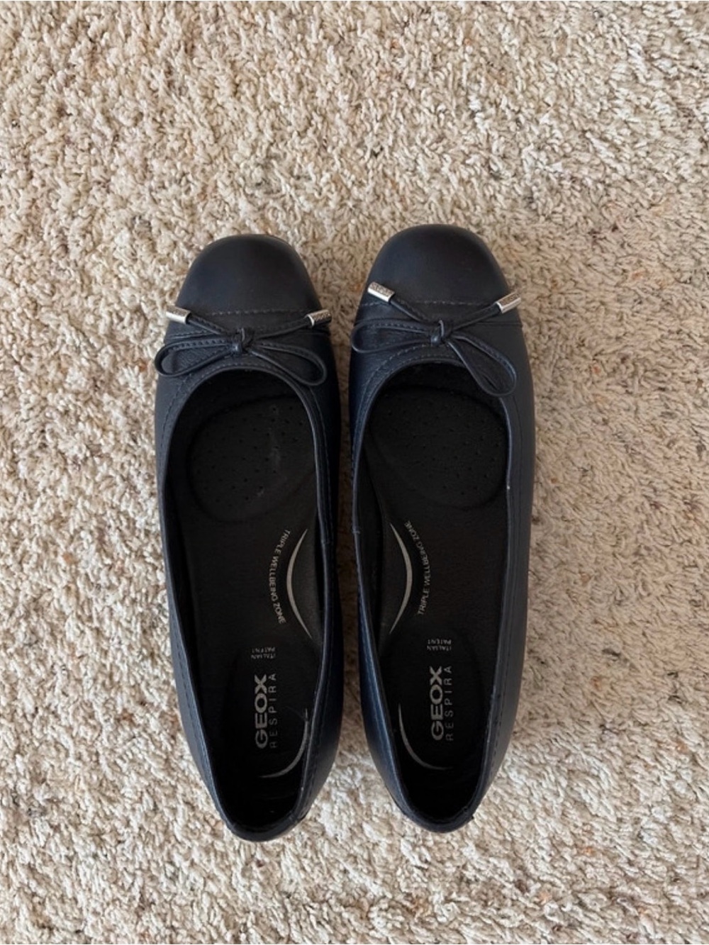 Geox Navy Blue Leather Ballet Flats with Bow Accent